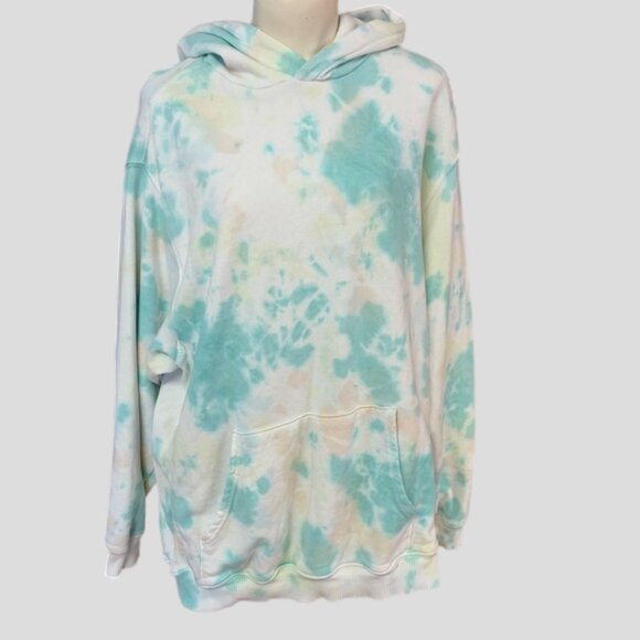 Aerie Tie-Dye White Hoodie Green/Yellow Accents Oversized Distressed Size L - Picture 1 of 15